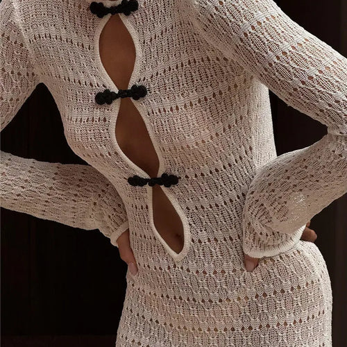 Load image into Gallery viewer, Hollow Out Knit Sexy Maxi Dress Women Fashion See Through Smock Dress Elegant Long Sleeve Backless Fishtail Dress
