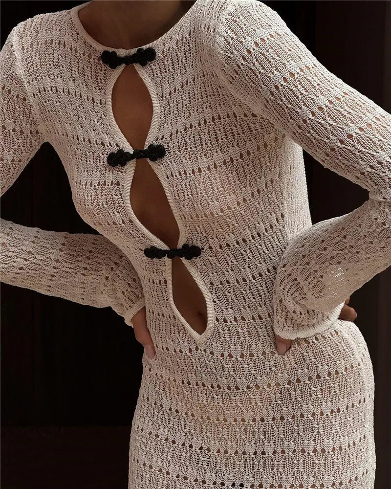 Hollow Out Knit Sexy Maxi Dress Women Fashion See Through Smock Dress Elegant Long Sleeve Backless Fishtail Dress