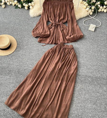 French Retro 2025 Women Solid Off Shoulder Elegant Lace-up Pleated Tops+ High Waist Party Long Skirt Spring Autumn Two Piece Set