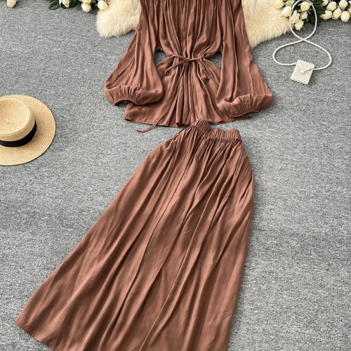 Load image into Gallery viewer, French Retro 2025 Women Solid Off Shoulder Elegant Lace-up Pleated Tops+ High Waist Party Long Skirt Spring Autumn Two Piece Set
