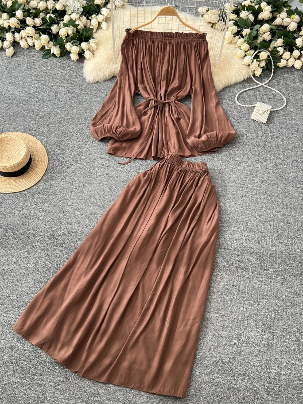 French Retro 2025 Women Solid Off Shoulder Elegant Lace-up Pleated Tops+ High Waist Party Long Skirt Spring Autumn Two Piece Set