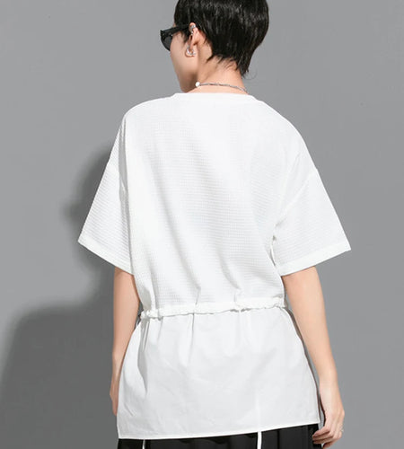 Women White Drawstring Splice Big Size Casual T-shirt New Round Neck Short Sleeve Fashion Tide Spring Summer 2025  1DJ1799
