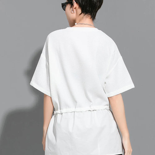 Load image into Gallery viewer, Women White Drawstring Splice Big Size Casual T-shirt New Round Neck Short Sleeve Fashion Tide Spring Summer 2025  1DJ1799
