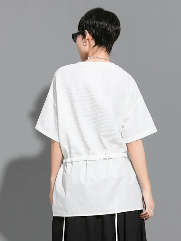 Women White Drawstring Splice Big Size Casual T-shirt New Round Neck Short Sleeve Fashion Tide Spring Summer 2025  1DJ1799