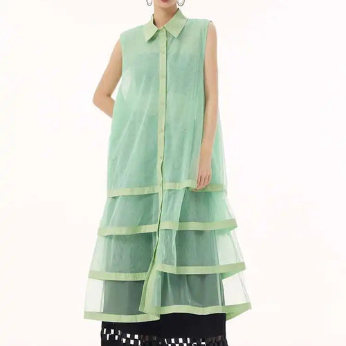 Load image into Gallery viewer, Women Black Layers Mesh Big Size Midi Vest Shirt Dress New Lapel Sleeveless Fashion Tide Spring Summer 2025 1DH9472
