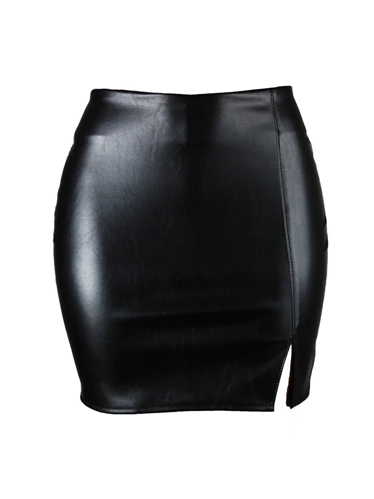 Women Leather Night Clubwear Skirts Summer Pure Color PU-leather Zipper Sexy Hip Leather Mini Skirts