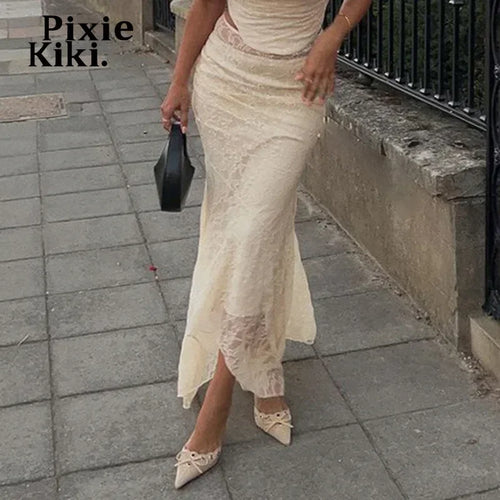 Load image into Gallery viewer, Transparent Lace Fishtail Skirts for Woman Bottoms Elegant Sexy Low Waist Irregular Long Maxi Skirt Winter P67-DB16
