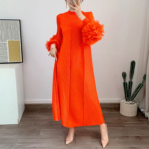 Load image into Gallery viewer, Loose Minimalist Ruffles Dresses For Women Round Neck Long Sleeve High Waist Pullover Dress Female Fashion
