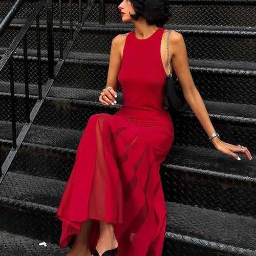 Load image into Gallery viewer, Red Sleeveless Knit Dress For Women Fashion Hollow Out O Neck Pleated Maxi Dress Ladies Solid Beach Party Long Dress
