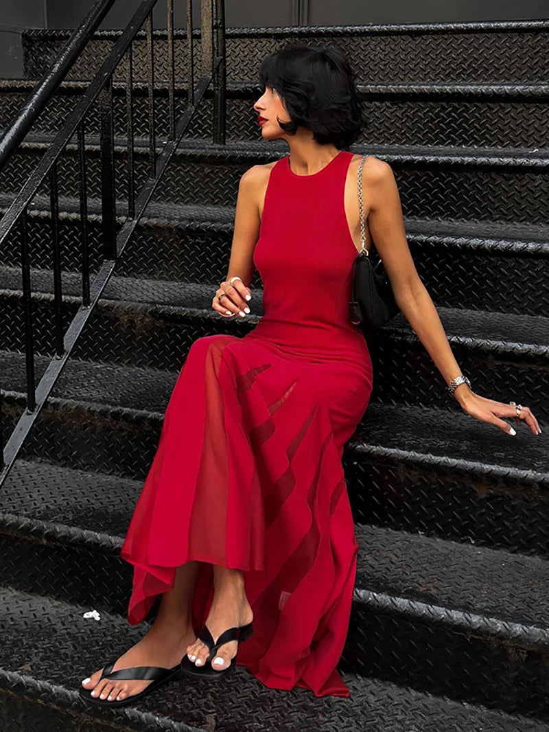 Red Sleeveless Knit Dress For Women Fashion Hollow Out O Neck Pleated Maxi Dress Ladies Solid Beach Party Long Dress