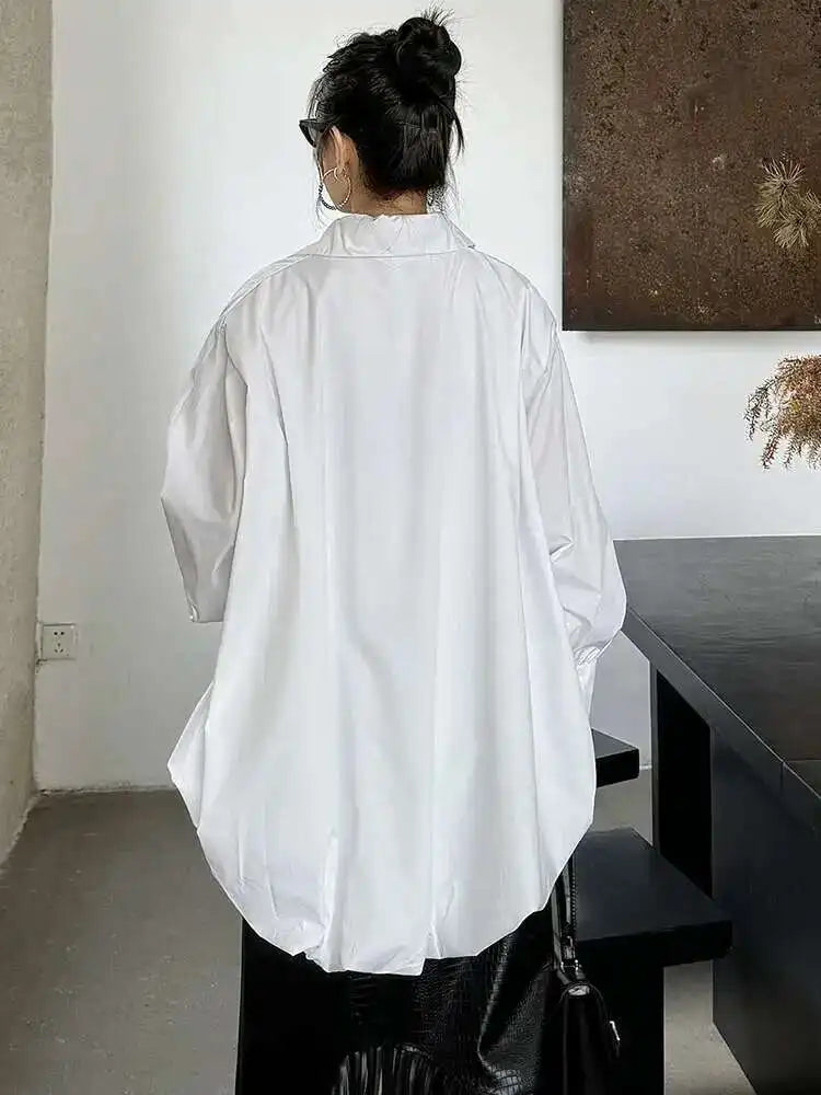 Women White Back Long Irregular Big Size Blouse New V-Neck Long Sleeve Shirt Fashion Tide Spring Autumn 2025 1DH6949