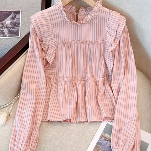 Load image into Gallery viewer, French Vintage Vertical Striped Loose Women Blouse Elegant Ladies Sweet Pink White Female Chicly Ruffles Collar Top
