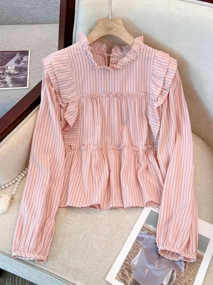 French Vintage Vertical Striped Loose Women Blouse Elegant Ladies Sweet Pink White Female Chicly Ruffles Collar Top