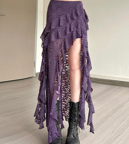 Tassels Women Skirts Irregular Hem Multi-Layered Ruffles Lace Patchwork Sweet Summer Trend Daily Skinny Versatile Bottoms