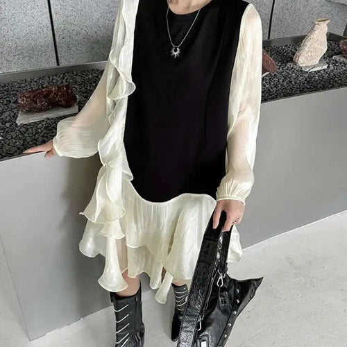 Load image into Gallery viewer, Women Black Ruffles Color-block Big Size Knee-Length Dress New Round Neck Long Sleeve Fashion Spring Autumn 2025 1DH7239
