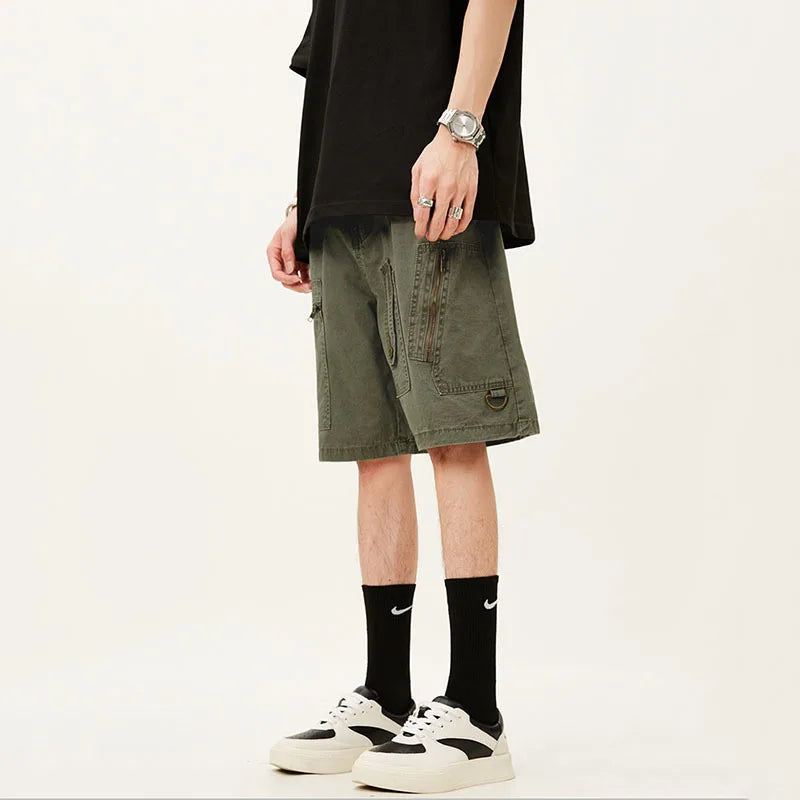 Men's Denim Shorts Summer Multi Pockets Zippers Design Straight Leg Trendy Casual Handsome Male Loose Pants 9W1713