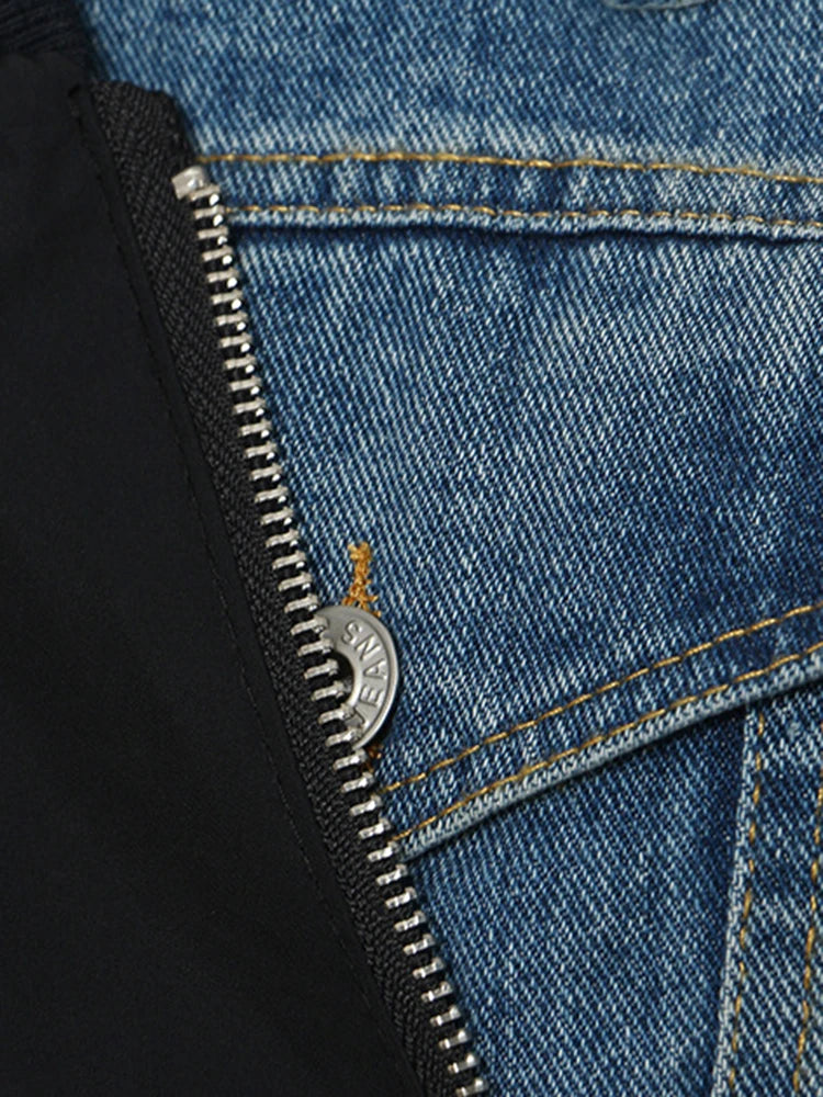 Loose Fit Blue Denim Color-block Big Size Jacket New Lapel Long Sleeve Women Coat Fashion Tide Spring Autumn 2025 1DF1519