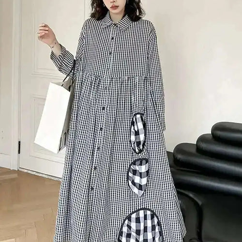 Load image into Gallery viewer, Women Black Plaid Pocket Vintage Big Size Midi Shirt Dress New Lapel Long Sleeve Fashion Tide Spring Autumn 2025 1DH6567
