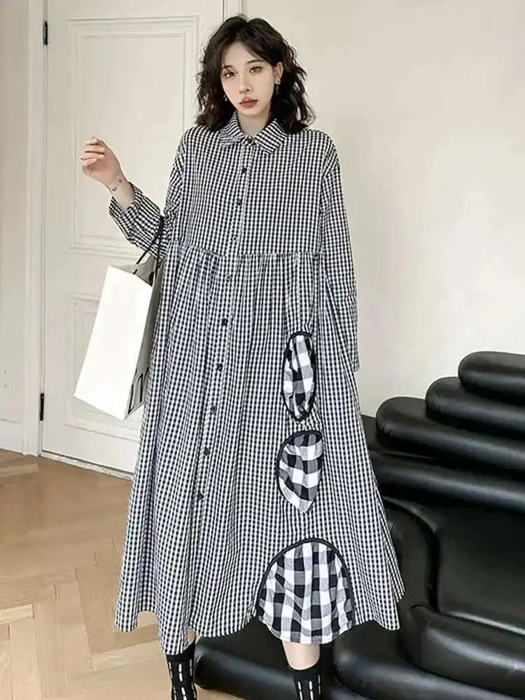 Women Black Plaid Pocket Vintage Big Size Midi Shirt Dress New Lapel Long Sleeve Fashion Tide Spring Autumn 2025 1DH6567