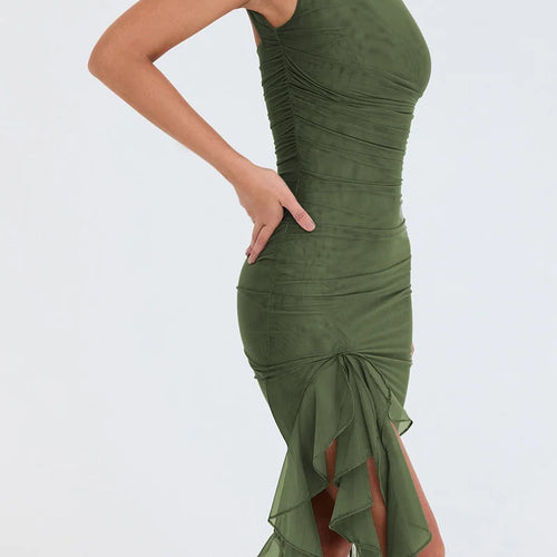 Load image into Gallery viewer, Elegant Ruffle Ruched Midi Dress For Women Robe Summer New Backless Sleeveless Irregular Club Party Sexy Dress Vestido
