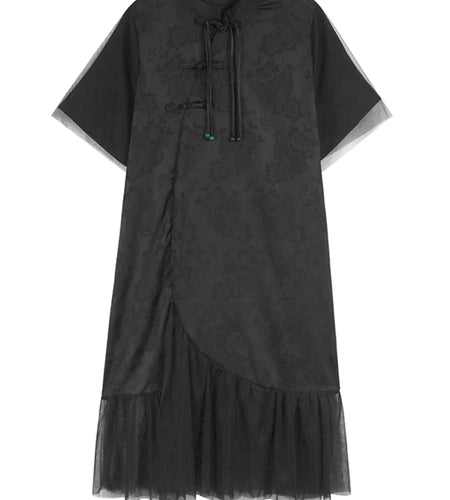 Women Black Jacquard Buckle Mesh Big Size Midi Dress New Stand Collar Short Sleeve Fashion Tide Spring Summer 2025 1DJ1231