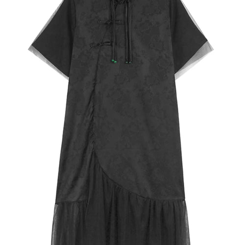 Load image into Gallery viewer, Women Black Jacquard Buckle Mesh Big Size Midi Dress New Stand Collar Short Sleeve Fashion Tide Spring Summer 2025 1DJ1231

