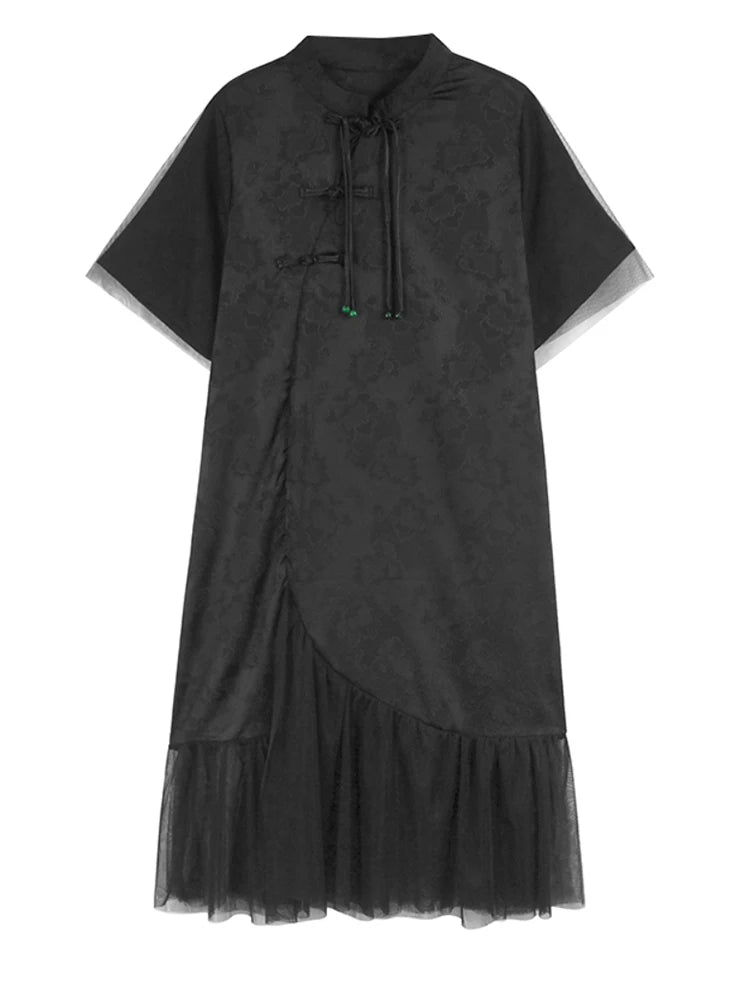 Women Black Jacquard Buckle Mesh Big Size Midi Dress New Stand Collar Short Sleeve Fashion Tide Spring Summer 2025 1DJ1231
