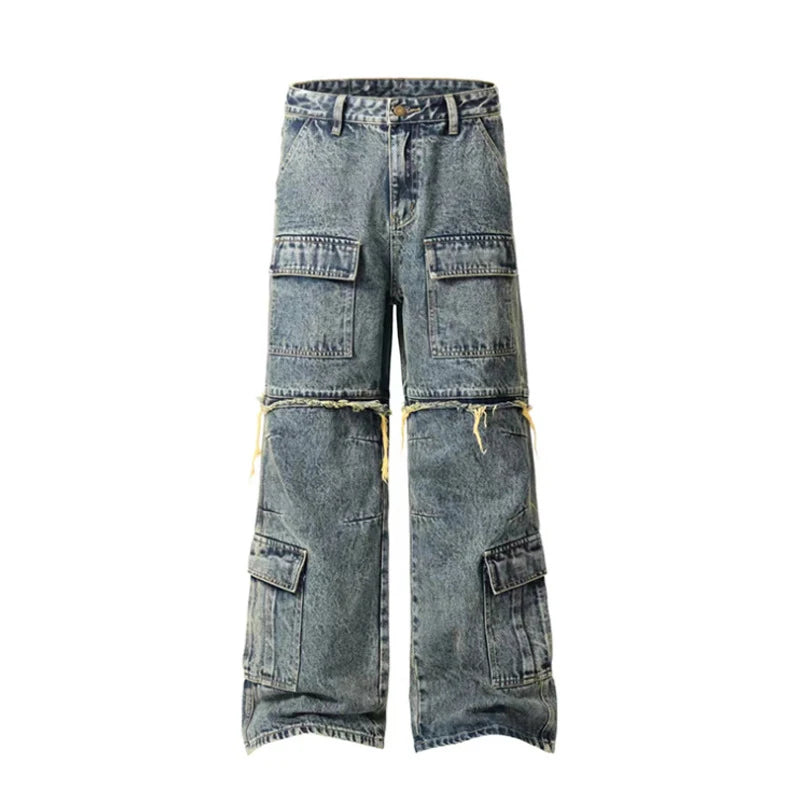 Men's Jeans Washed Denim Pants Multiple Pockets Stitched Edges Distressed Design Male Trousers Summer Overalls 9W1771