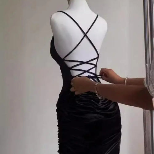 Load image into Gallery viewer, Korean Summer Black Simple Wrap Hip Pleated Mini Dress Sexy Club Backless Drawstring Lace-up Spaghetti Strap Short Dresses Women
