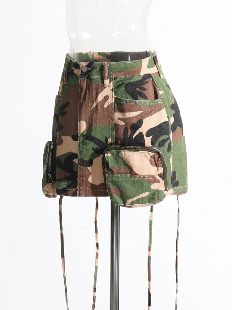 Hit Color Camouflage Printing Casual Mini Skirts For Women High Waist Patchwork Pockets A Line Skirt Female Fashion Style