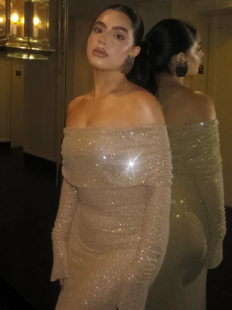 Sexy Buttocks Wrapped Long Dress For Women Fashion Temperament Ironing Board Slim One Line Neck Party Evening Dress 2024