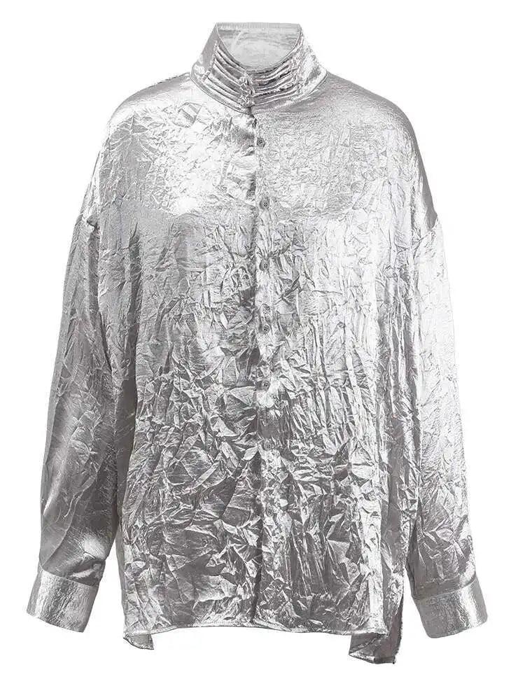 Women Black Pleated Buckle Big Size Vintage Blouse New Stand Collar Long Sleeve Shirt Fashion Spring Autumn 2025 CPG1416