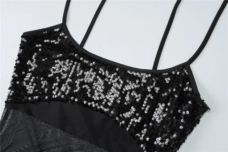 Sheer Mesh Spaghetti Strap Sexy Maxi Dress For Women Gown Glitter Sleeveless Backless High Waist Bodycon Club Dress