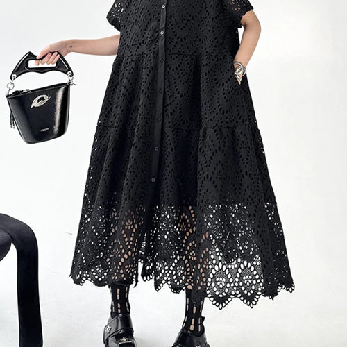 Load image into Gallery viewer, Women Black Lace Hollow Out Big Size Midi Shirt Dress New Lapel Short Sleeve Fashion Tide Spring Summer 2025 1DJ1166
