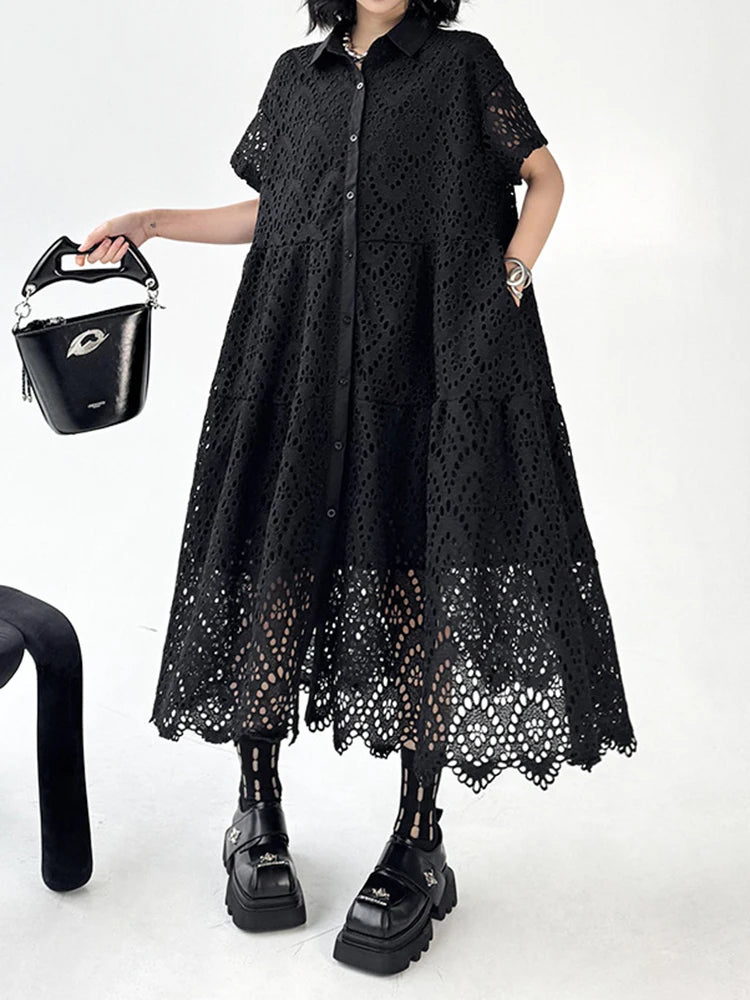 Women Black Lace Hollow Out Big Size Midi Shirt Dress New Lapel Short Sleeve Fashion Tide Spring Summer 2025 1DJ1166