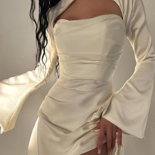 Load image into Gallery viewer, Long Sleeve Satin Dress White Sexy Evening Wedding Guest Night Dress Party Dress Draped Mini Birthday Dress For Women 2022 lined
