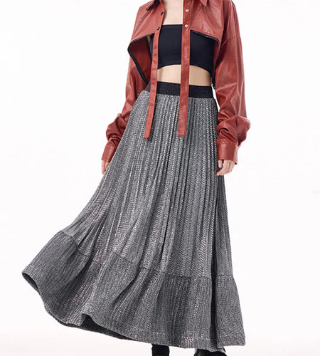 High Elastic Waist Silver Color Pleated A-line Pleated Half-body Skirt Women Fashion Tide New Spring Autumn 2025 1DJ0054