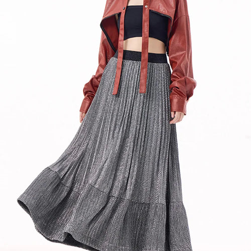 Load image into Gallery viewer, High Elastic Waist Silver Color Pleated A-line Pleated Half-body Skirt Women Fashion Tide New Spring Autumn 2025 1DJ0054
