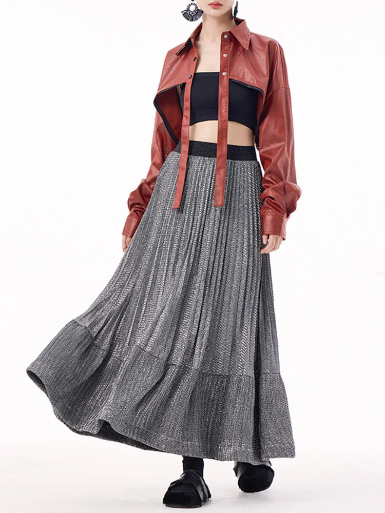 High Elastic Waist Silver Color Pleated A-line Pleated Half-body Skirt Women Fashion Tide New Spring Autumn 2025 1DJ0054