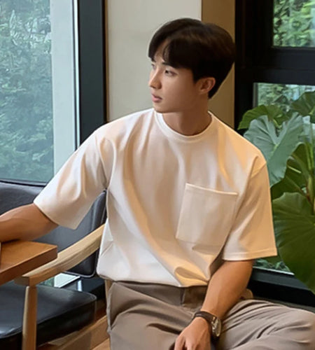 Summer Men's T-shirt Solid Color Pullover Casual Loose Round Neck Male Short Sleeve T-shirts New Top Pocket 2025 9W1358