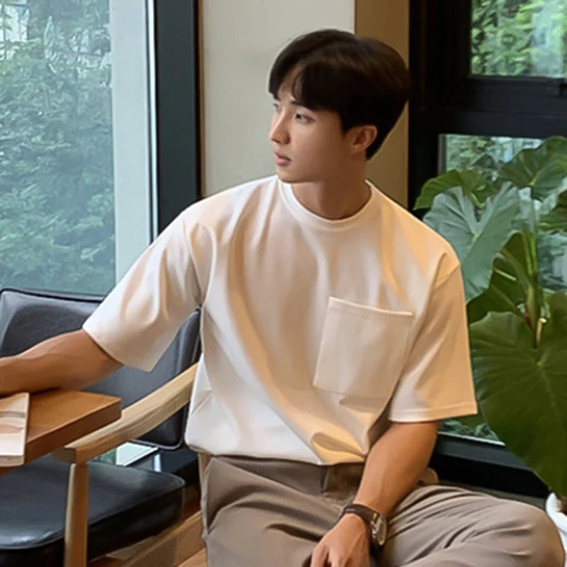 Summer Men's T-shirt Solid Color Pullover Casual Loose Round Neck Male Short Sleeve T-shirts New Top Pocket 2025 9W1358