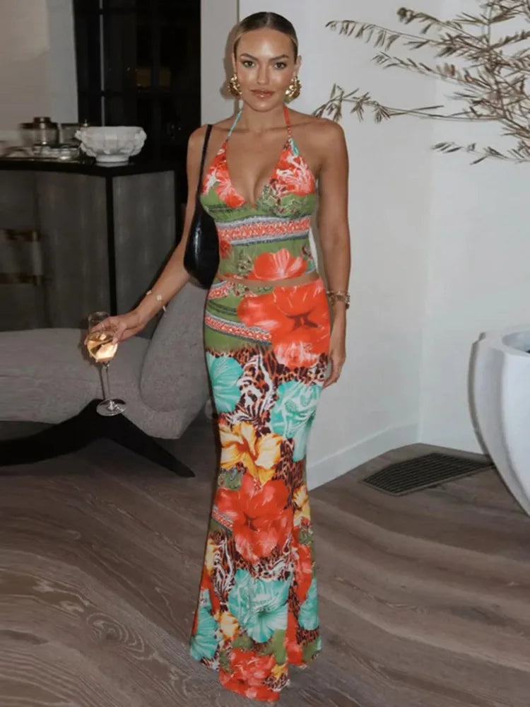 Leopard Print Sexy 2 Piece Sets Women Summer Fashion Lace-up Halter Crop Tops And Maxi Skirt Female Party Two Piece Set