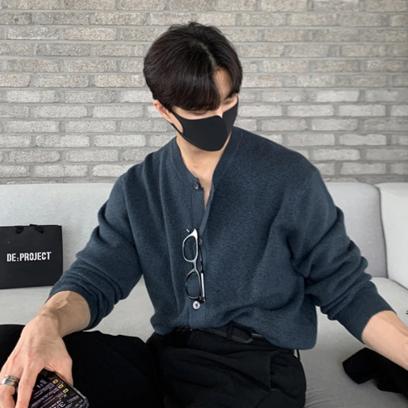 Men's Sweater Knitted Cardigan New Korean Style Solid Color Round Neck Trendy Single Breasted Male Casual Top 9W1815