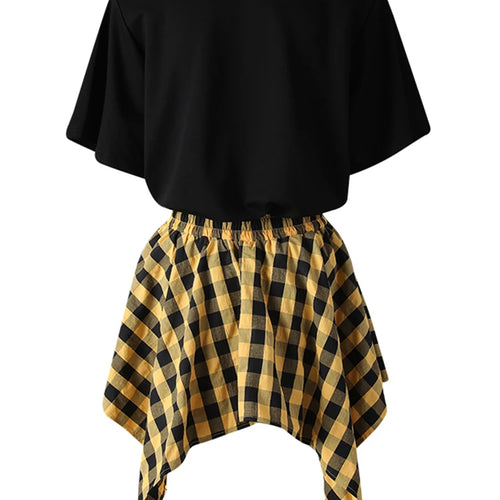 Load image into Gallery viewer, Black T-shirt Plaid Bandage Skirt Two Pieces Suit New Round Neck Short Sleeve Women Fashion Spring Summer 2025 CPG3159
