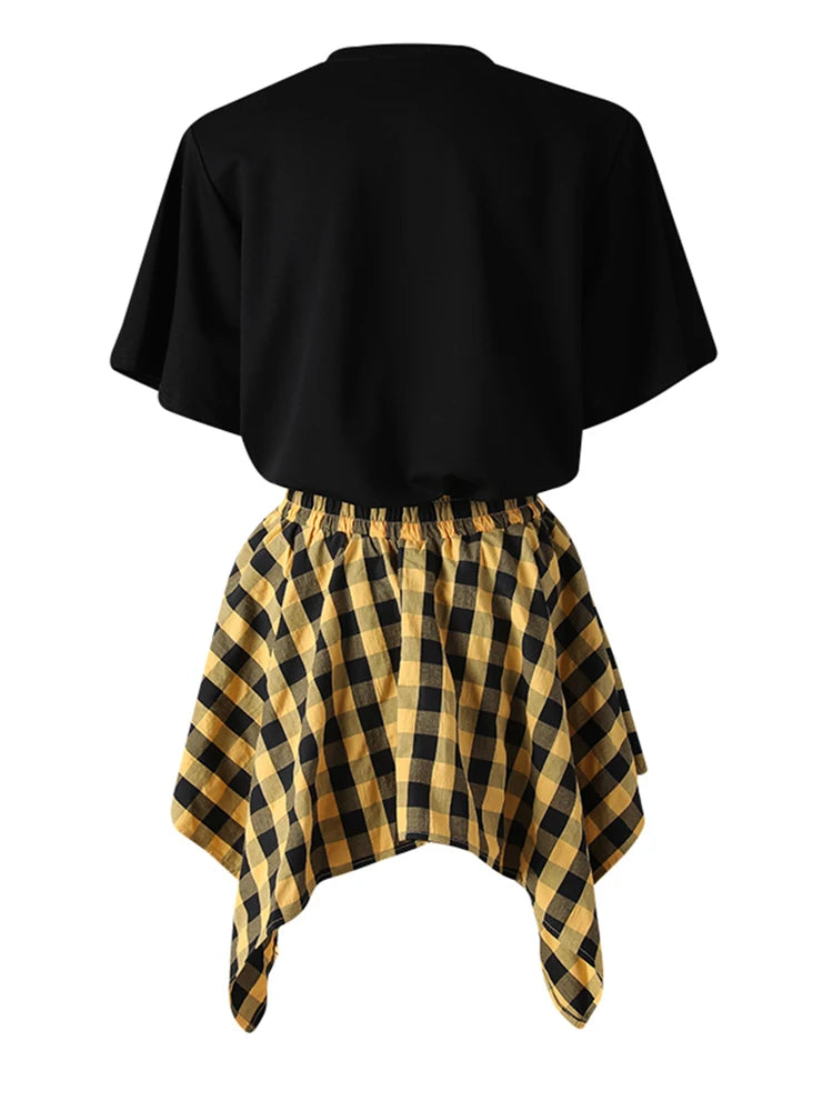 Black T-shirt Plaid Bandage Skirt Two Pieces Suit New Round Neck Short Sleeve Women Fashion Spring Summer 2025 CPG3159