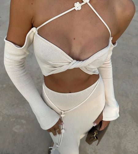 Sexy Flower Knitted Beach Bikini Set For Women Long Sleeved Skirt Strapless Female Swimsuit Cover Up Sun Protection Set