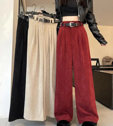 Autumn Winter Loose Red Velvet Wide Leg Long Pants Women Black High Waist Casual Khaki Baggy Straight Pleated Trousers Clothes