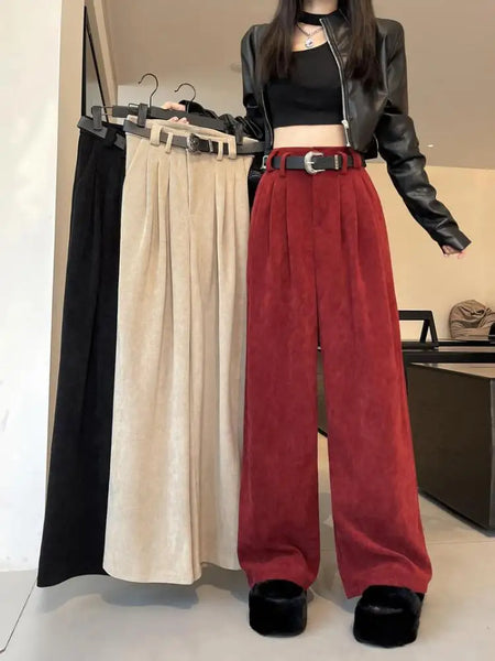 Autumn Winter Loose Red Velvet Wide Leg Long Pants Women Black High Waist Casual Khaki Baggy Straight Pleated Trousers Clothes