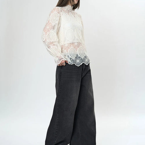 Load image into Gallery viewer, Women Apricot Lace Perspective Elegant T-shirt New Stand Collar Long Sleeve Fashion Tide Spring Autumn 2025 1DH9585
