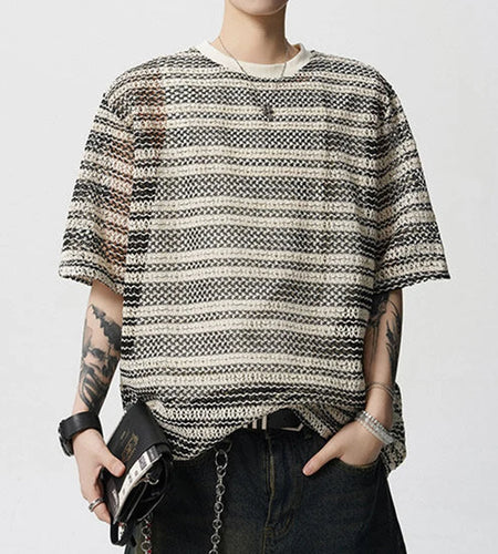 Men's T-shirts Short Sleeve New Korean Style Niche Summer Ice Silk Striped Design Pullover Personality Male Tees 9W1942